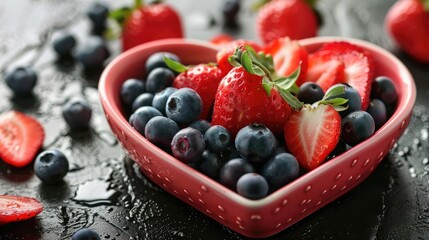 Wall Mural - Close-up of heart-shaped dish filled with sliced strawberries and blueberries, rich in antioxidants