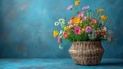 A vibrant bouquet of colorful flowers in a wicker basket set against a textured blue background, creating a cheerful and uplifting scene.