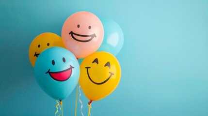 Wall Mural - Celebrate world laughter day. Joyful emoticon balloons. Copy space