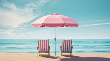 Wall Mural - Two pink striped beach chairs and a matching pink umbrella on a pristine sandy beach, overlooking the calm blue ocean under a clear sky, evoking a tranquil and relaxing vacation setting