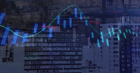 Canvas Print - Blue graph line overlaying cityscape, displaying stock market trends