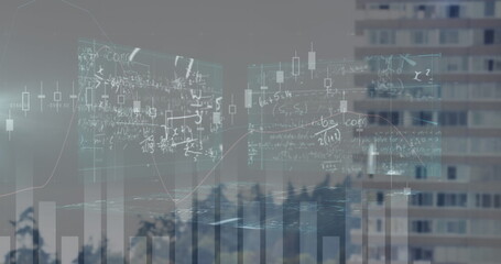 Poster - Mathematical equations and diagrams floating over cityscape