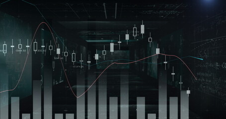 Poster - graphs and charts displaying financial data floating in dark room