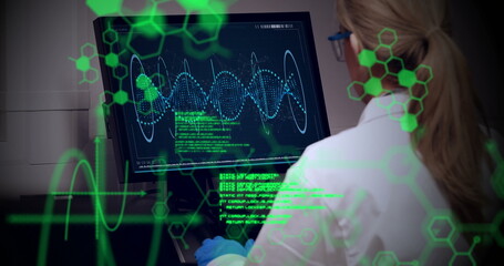 Poster - Caucasian sister wearing lab coat is analyzing data on a large screen