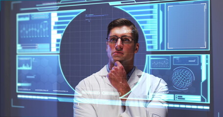 Poster - Caucasian male chef with glasses interacts with futuristic screen