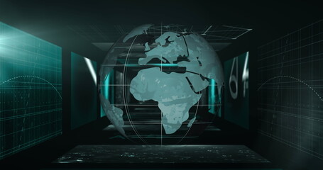 Poster - A glowing digital globe floating in dark data center