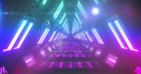 Poster - Bright purple and blue lights are illuminating futuristic corridor