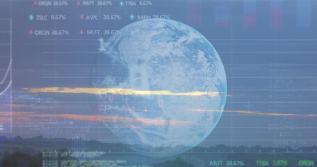 Poster - Transparent globe overlaying financial data displays, showing stock percentages