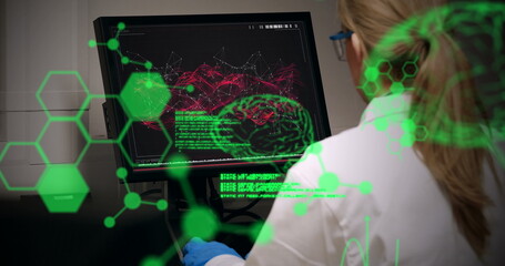 Poster - caucasian scientist analyzing brain scans, wearing lab coat
