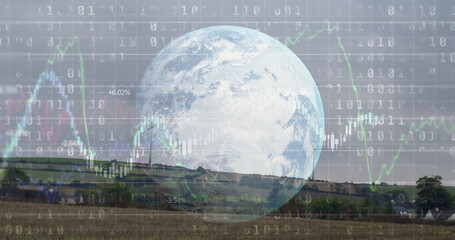 Wall Mural - giant earth hologram floating above rural landscape, displaying stock market data