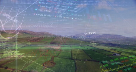 Poster - green hills merging with digital stock market overlays