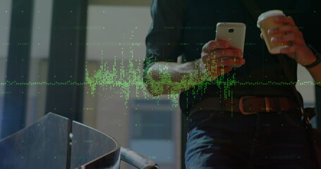 Poster - Biracial colleague holding smartphone, analyzing digital data