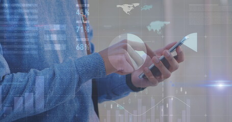 Poster - Biracial colleague holding smartphone, analyzing data on screen