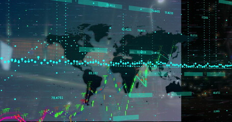 Poster - Digital graphs and world map overlay, displaying stock market trends