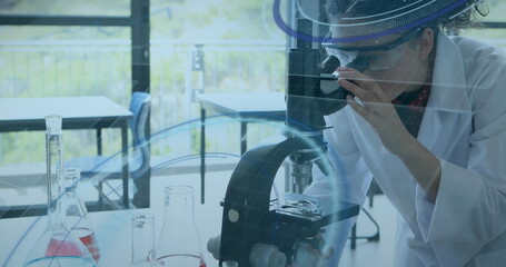 Poster - Caucasian female scientist wearing lab coat, examining samples using a microscope