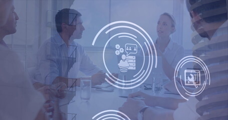 Poster - Caucasian family discussing digital graphics in office