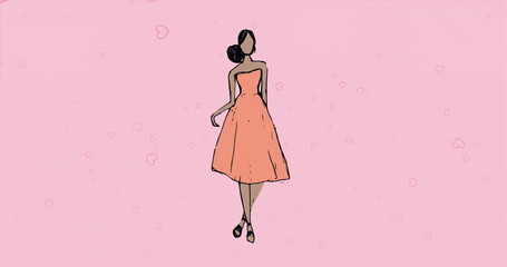 Poster - Woman in orange dress walking away on pink background, hearts floating around