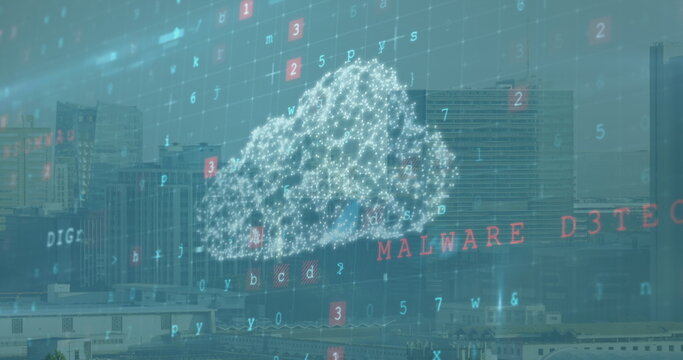 Cityscape overlaid with digital graphics showing cloud and MALWARE DETECTED text