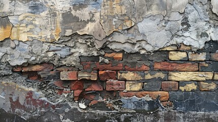 Poster - Sections of an old, deteriorating stone wall with crumbling mortar and exposed bricks