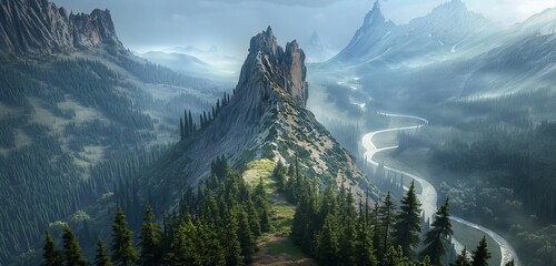 Wall Mural - A dramatic view of a jagged mountain peak with sheer cliffs, surrounded by dense pine forests and a winding river 32k, full ultra hd, high resolution