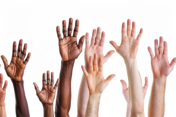 Wall Mural - Closeup of multiethnic men and women's hands raising up against white background