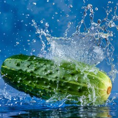 Wall Mural - Cucumber and water splash. captured with highspeed photography as they break through the waters surface.