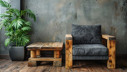 Poster - Dark grey armchair and a wooden table UHD Wallpapar