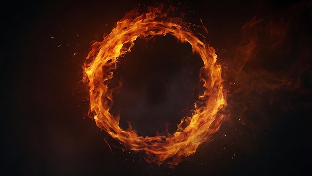 Circle of Fire flame with movment on black background, Beautiful yellow, orange and red and red blaze fire flame texture style
