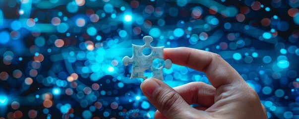 Wall Mural - A hand holds a puzzle piece against a background of blue digital circuits, representing technology integration and problem-solving.