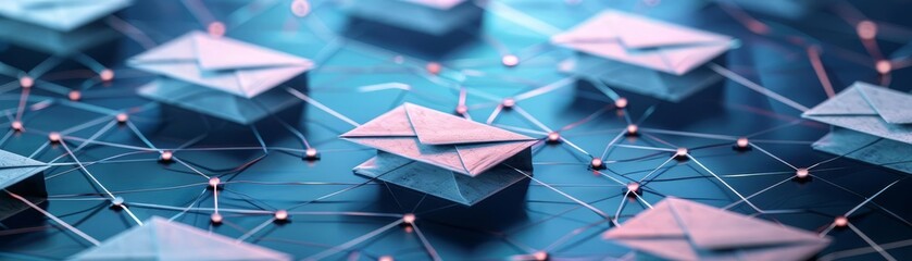 Abstract communication concept, multiple envelopes in a repetitive pattern on a blue surface, depicting network of messages
