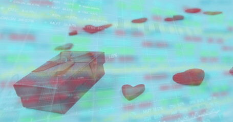 Poster - image of gift box and heart shapes over moving graphs and trading board