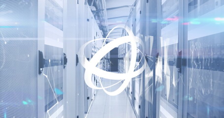 Poster - Image of rotating abstract pattern with geometric shape and lens flare over server room