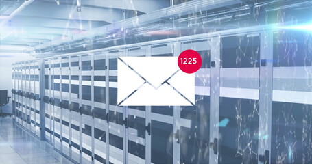 Poster - Image of live count on envelope with geometric shape and lens flare over server room