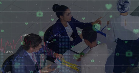 Poster - Image of network of connections with icons over diverse business people
