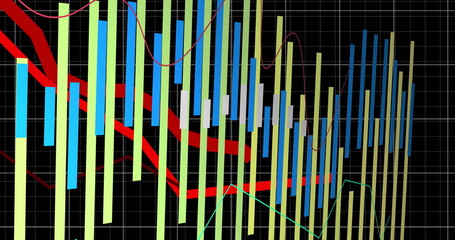 Wall Mural - Image of statistics with red and green lines and data processing over grid