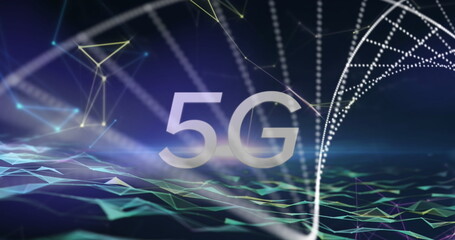 Sticker - Image of 5g text, dna strand and data processing over grid