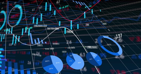 Poster - The image shows global finances and statistics being processed
