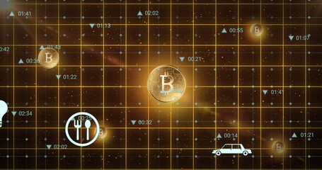 Poster - This image is an image of glowing gold bitcoin symbols over a yellow grid on a black background