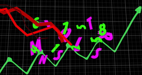 Poster - Image of alphabets and numbers over multiple graphs against black background