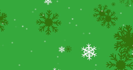 Sticker - Image of snowflakes icons falling against green background with copy space