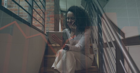 Poster - Image of financial data processing over biracial businesswoman using tablet