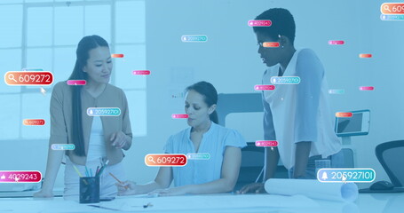 Poster - Image of social media icons with numbers over diverse business people having meeting at office