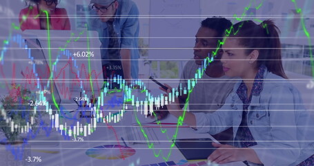 Poster - Image of graphs and numbers over diverse coworkers discussing reports over computer