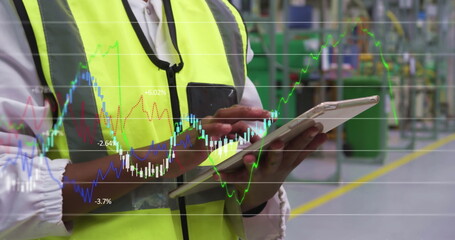Poster - Image of graphs and numbers over midsection of diverse female employees using digital tablets