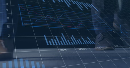 Poster - A computer-generated image of financial data and graphs being displayed on the feet of diverse busin
