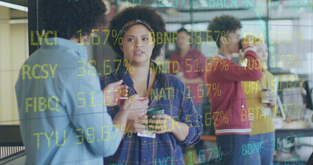 Poster - Image of stock market data processing over diverse man and woman discussing at office