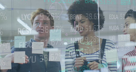 Poster - Image of financial data processing over diverse colleagues discussing over glass board at office