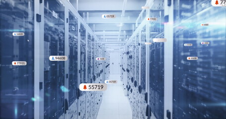 Poster - Image of multiple social media icons against mosaic squares over computer server room