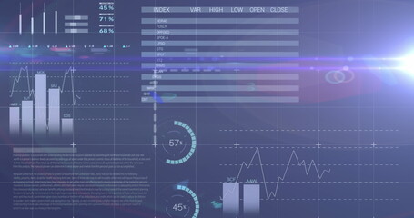 Poster - Image of statistical data processing against light spot on blue background