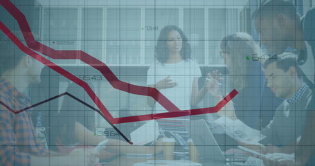 Poster - Image of statistical data processing over african american woman giving a presentation at office